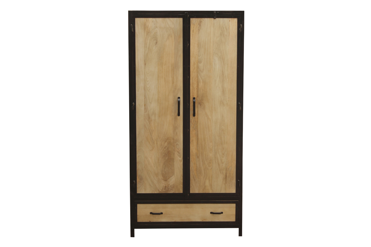 Armoire industrielle en bois massif manguier et m�tal noir L90 cm INDUSTRIA
