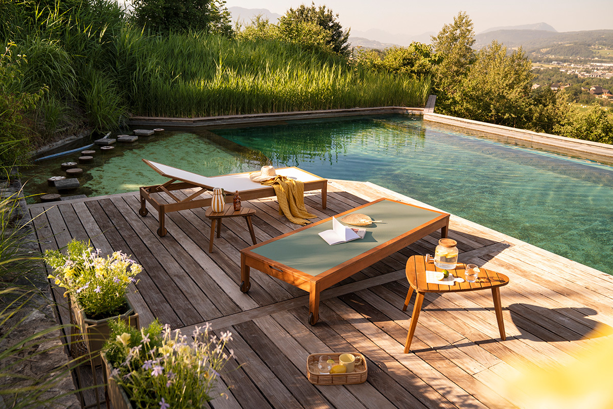 Bains de soleil vert kaki et bois massif (lot de 2) NAVEEN