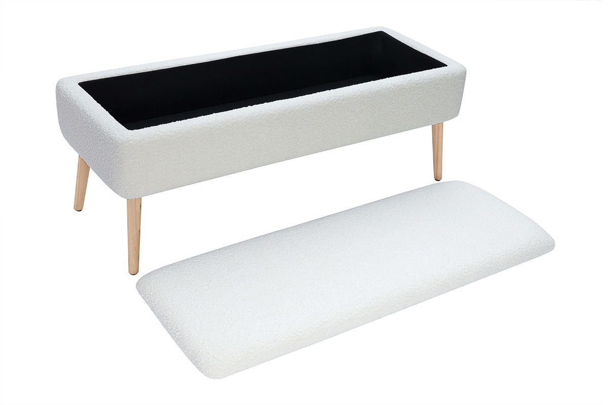 Banc coffre effet laine boucl�e blanc et bois clair massif L120 cm LARS