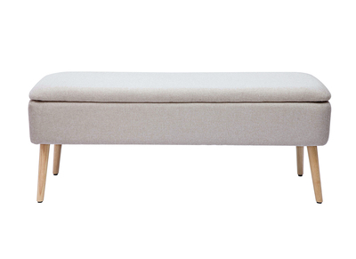 Banc coffre en tissu effet velours textur&eacute; beige et bois clair massif L120 cm LARS