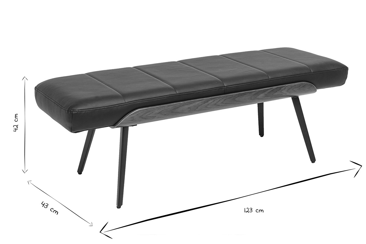 Banc noir ELIOR avec dimensions indiqu�es : L123 cm, E43 cm, H42 cm en noir et blanc.