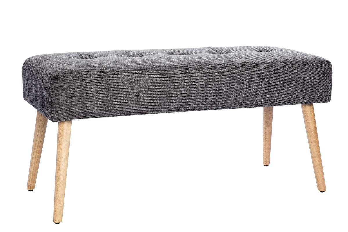 Banc scandinave capitonn� en tissu effet velours textur� gris fonc� et bois clair L96 cm GUESTA