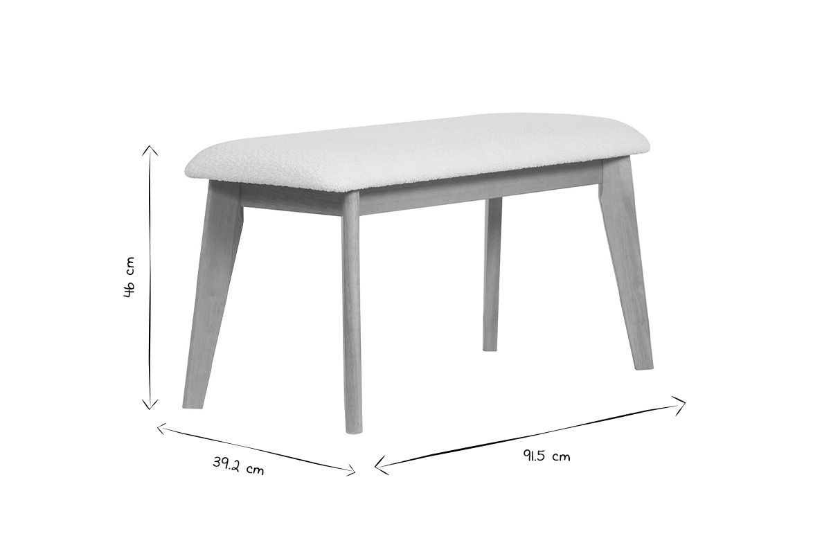 Banc scandinave en tissu effet laine boucl�e blanc et bois clair L92 cm ELION