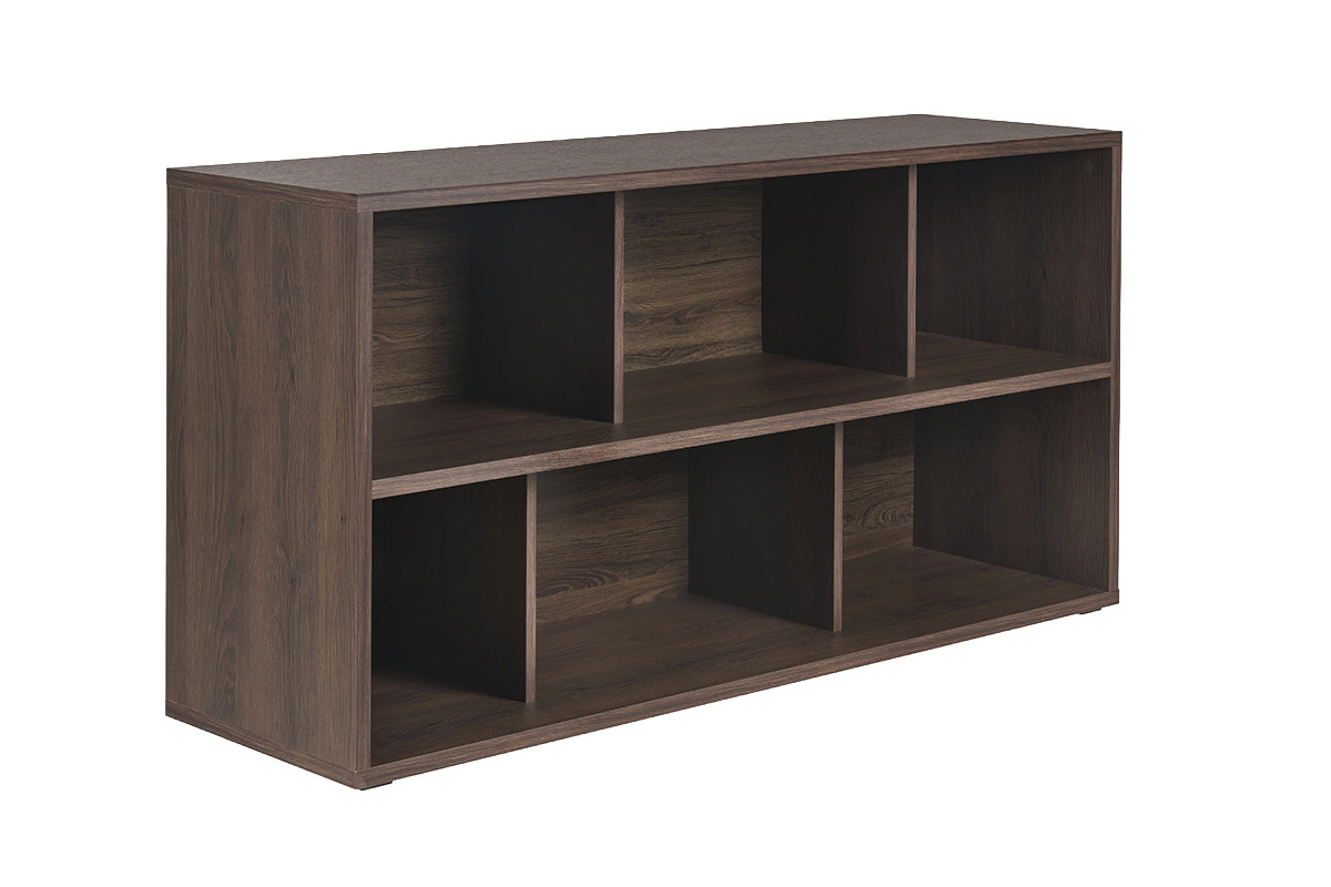 Biblioth�que basse bois fonc� noyer, 6 casiers, vue 3/4.
