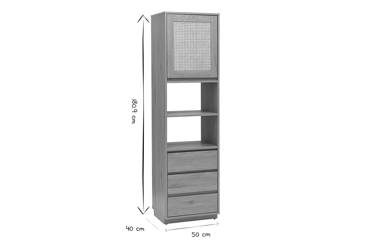 Biblioth�que SEVILLE avec dimensions, finition bois clair, noir et blanc.