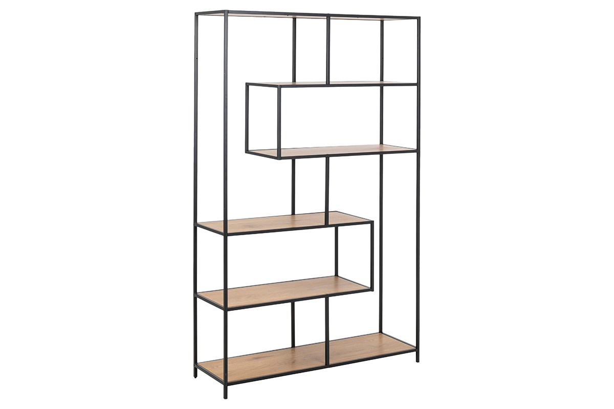 Biblioth�que ouverte finition bois clair et m�tal noir L114 cm TRESCA