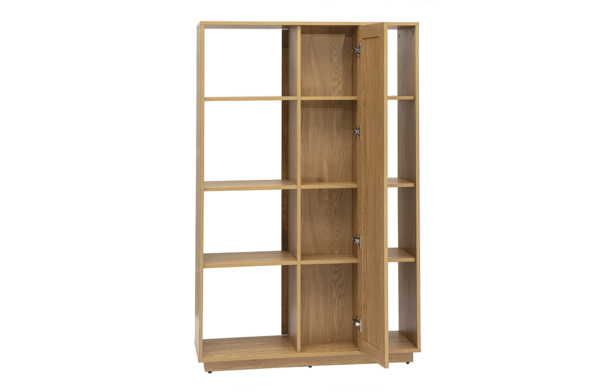 Biblioth�que s�paratrice ALICANTE en bois clair ch�ne avec �tag�res et porte en cannage rotin, vue de face.
