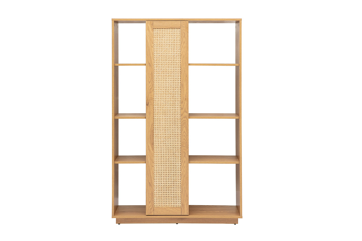 Biblioth�que s�paratrice ALICANTE en bois clair ch�ne avec porte en cannage rotin, vue de face.
