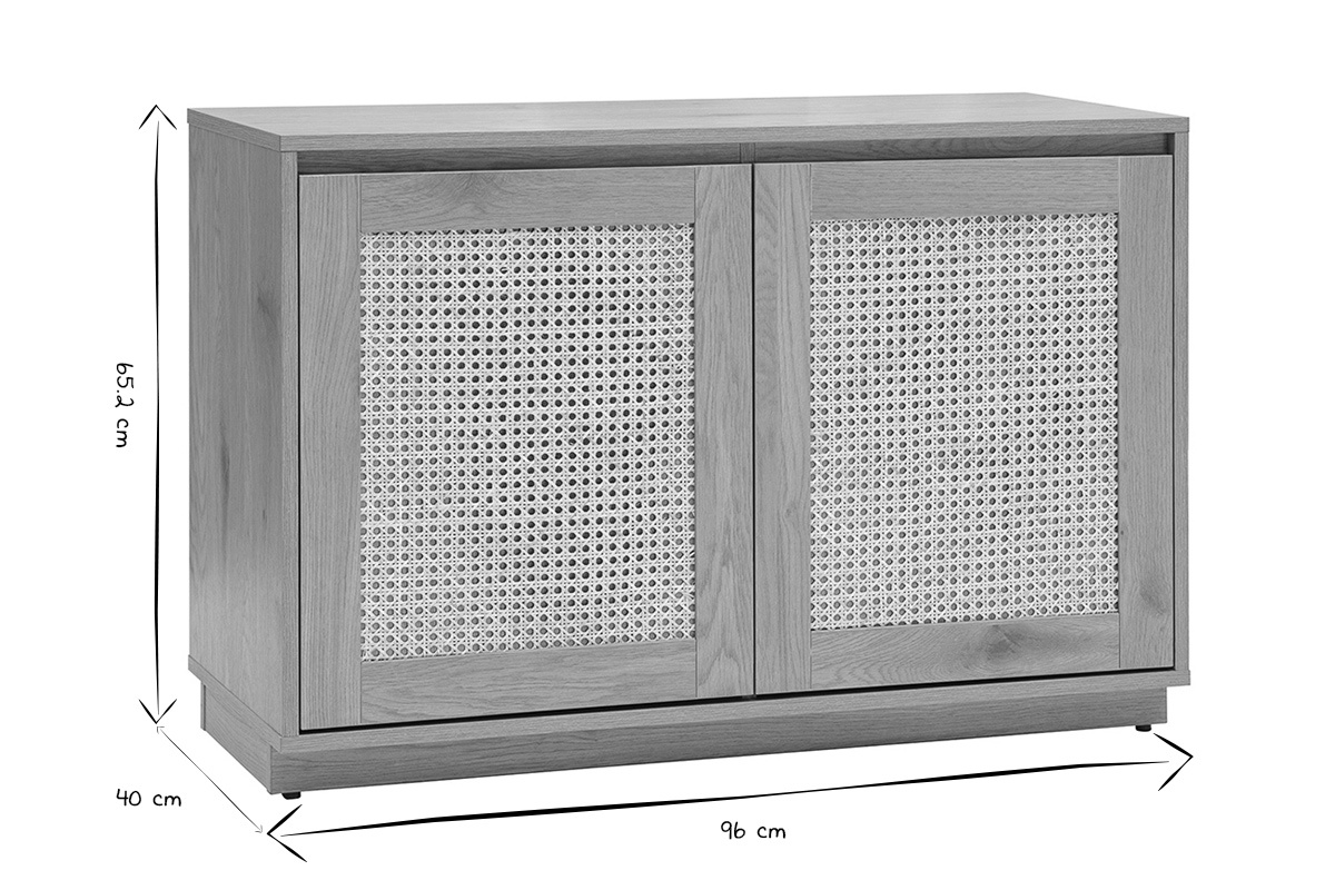 Buffet bas SEVILLE en ch�ne et cannage rotin, dimensions 96x40x65,2 cm, en noir et blanc.