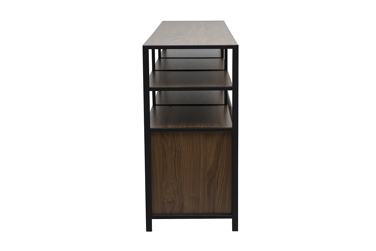 Buffet bas bois fonc� et m�tal noir, vue de profil.