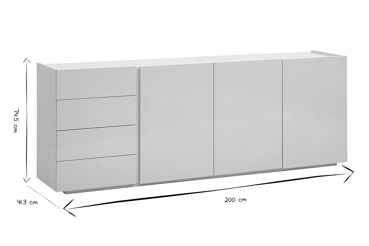 Buffet ISAURE 3 portes 4 tiroirs dimensions L200 x P41,3 x H74,5 cm en noir et blanc.