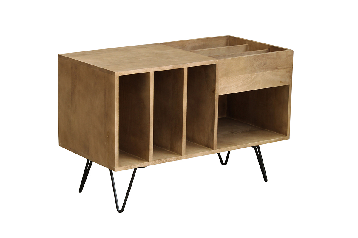 Buffet de rangement vinyles en bois manguier massif et m�tal L90 cm BOOGIE