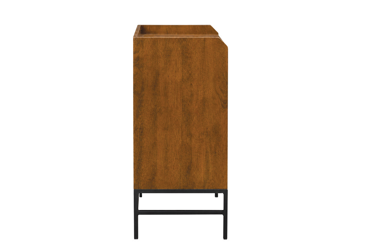 Buffet de rangement vinyles en bois massif et m�tal noir, vue de profil.
