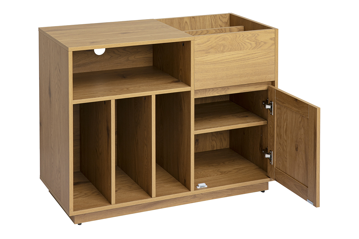 Buffet de rangement pour vinyles en bois clair ch�ne avec cannage rotin, vue de 3/4, tiroirs et portes ouvertes.