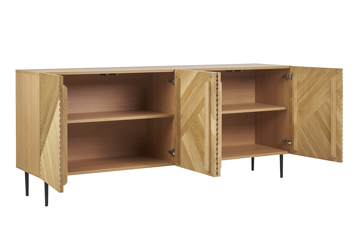 Buffet design en bois clair ch�ne massif grav� et m�tal noir 4 portes L180 cm ARCHIPEL