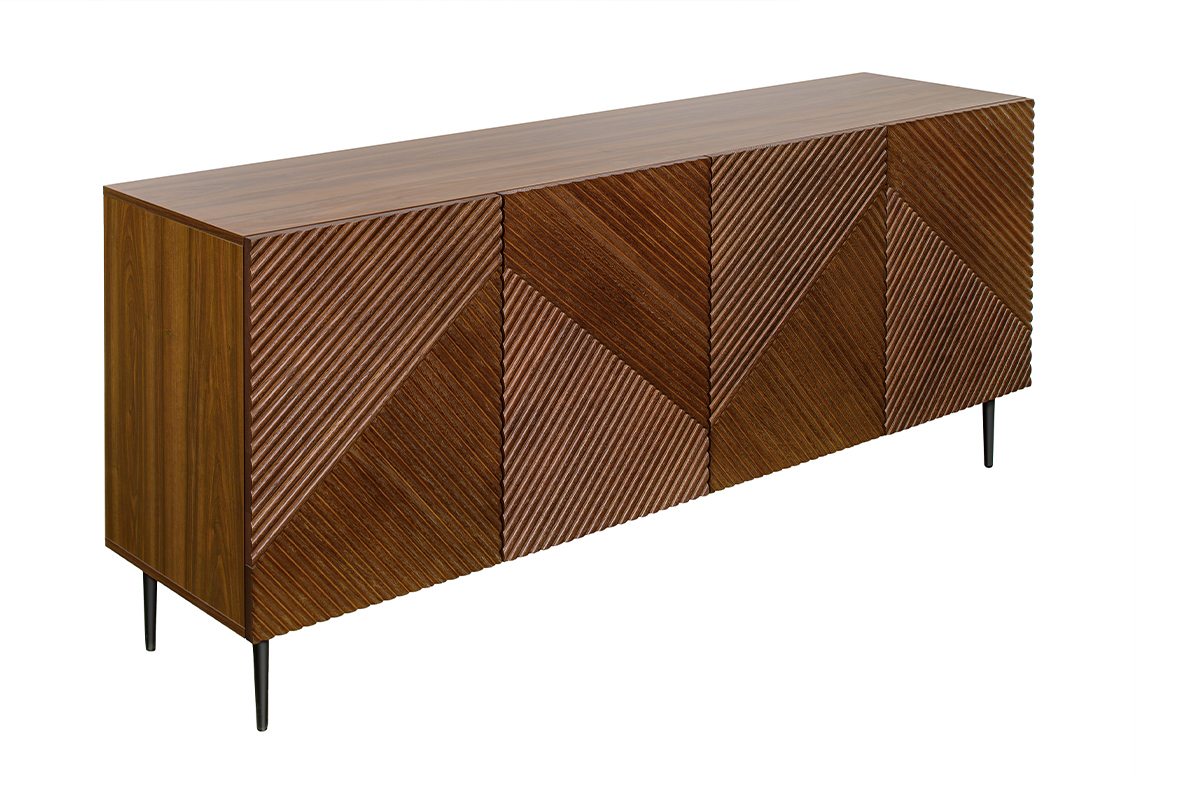 Buffet design en bois fonc� ch�ne massif grav� et m�tal noir 4 portes L180 cm ARCHIPEL