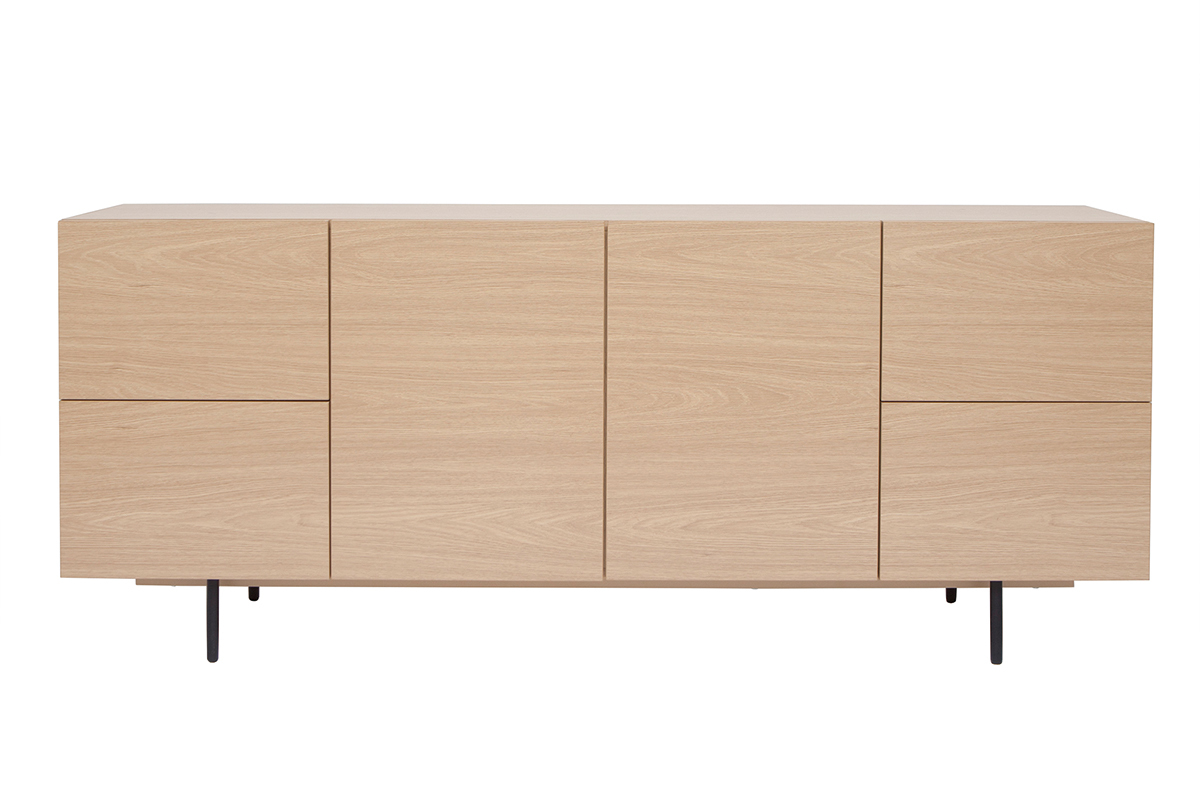 Buffet design finition bois clair ch�ne et m�tal noir 2 portes 4 tiroirs L180 cm ALASKA