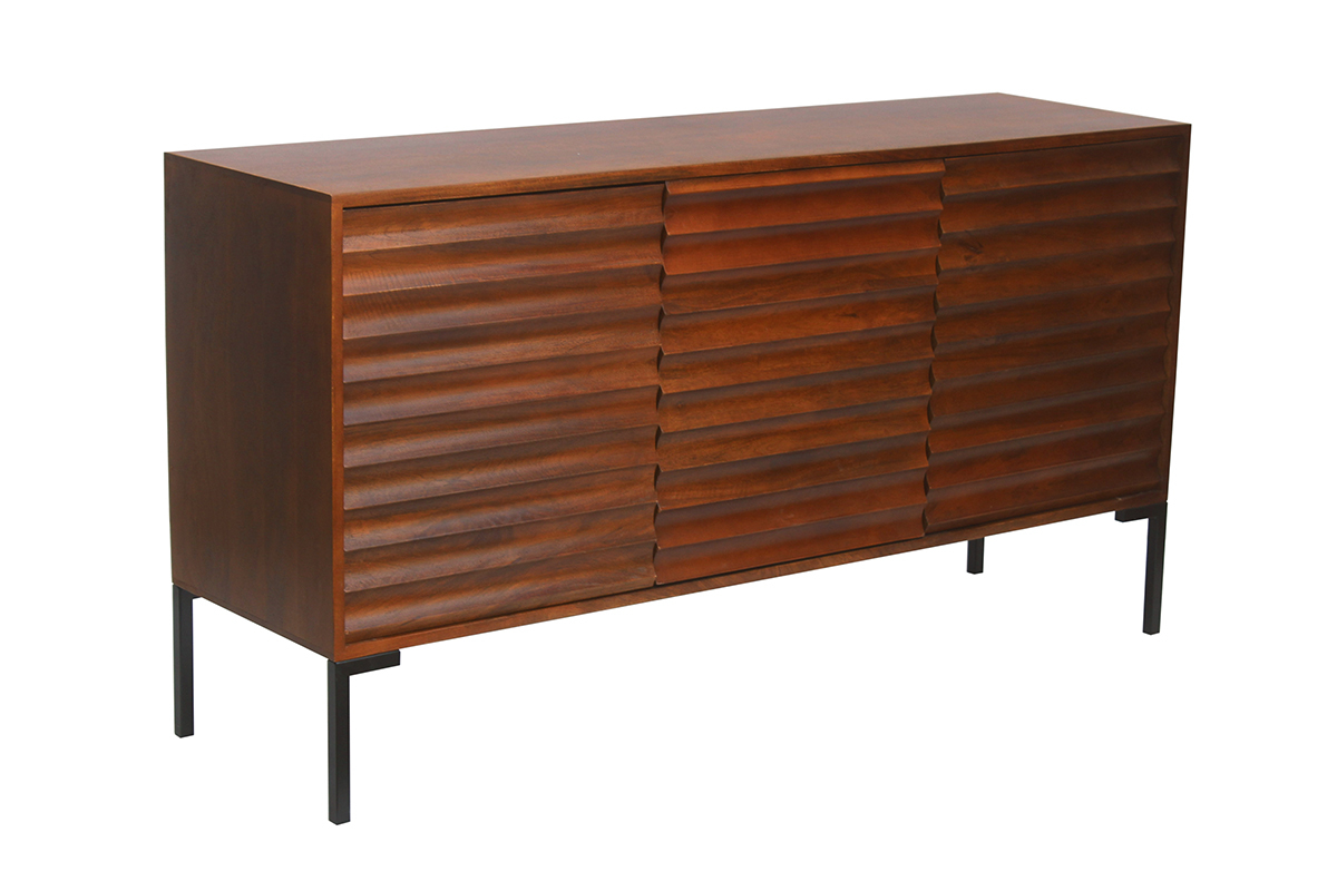 Buffet en bois fonc� manguier massif et m�tal noir 3 portes L140 cm ONDA