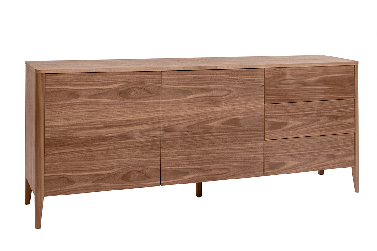 Buffet en bois fonc� noyer avec 2 portes et 3 tiroirs, vue de 3/4.