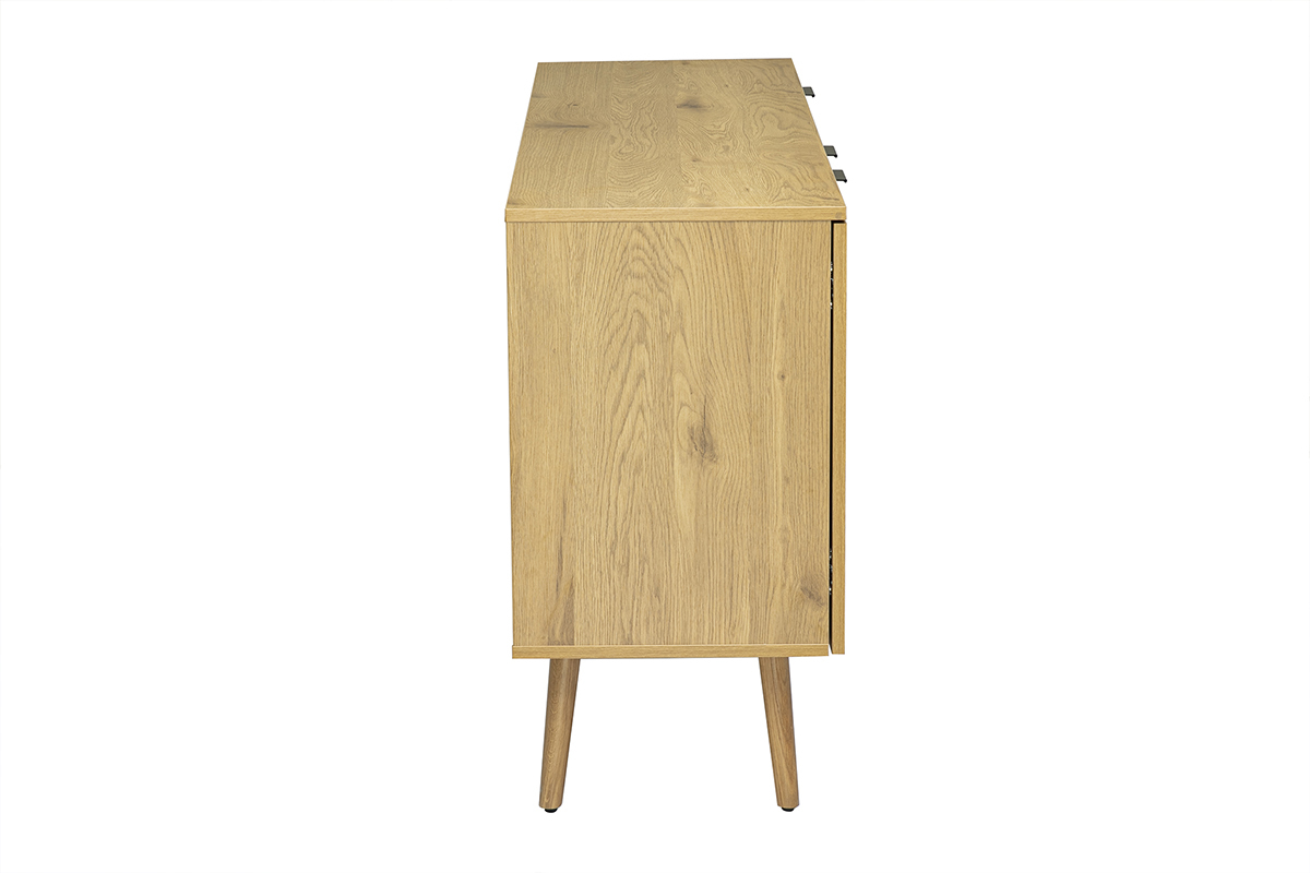 Buffet en bois clair avec cannage en rotin, vue de profil, deux portes et trois tiroirs.