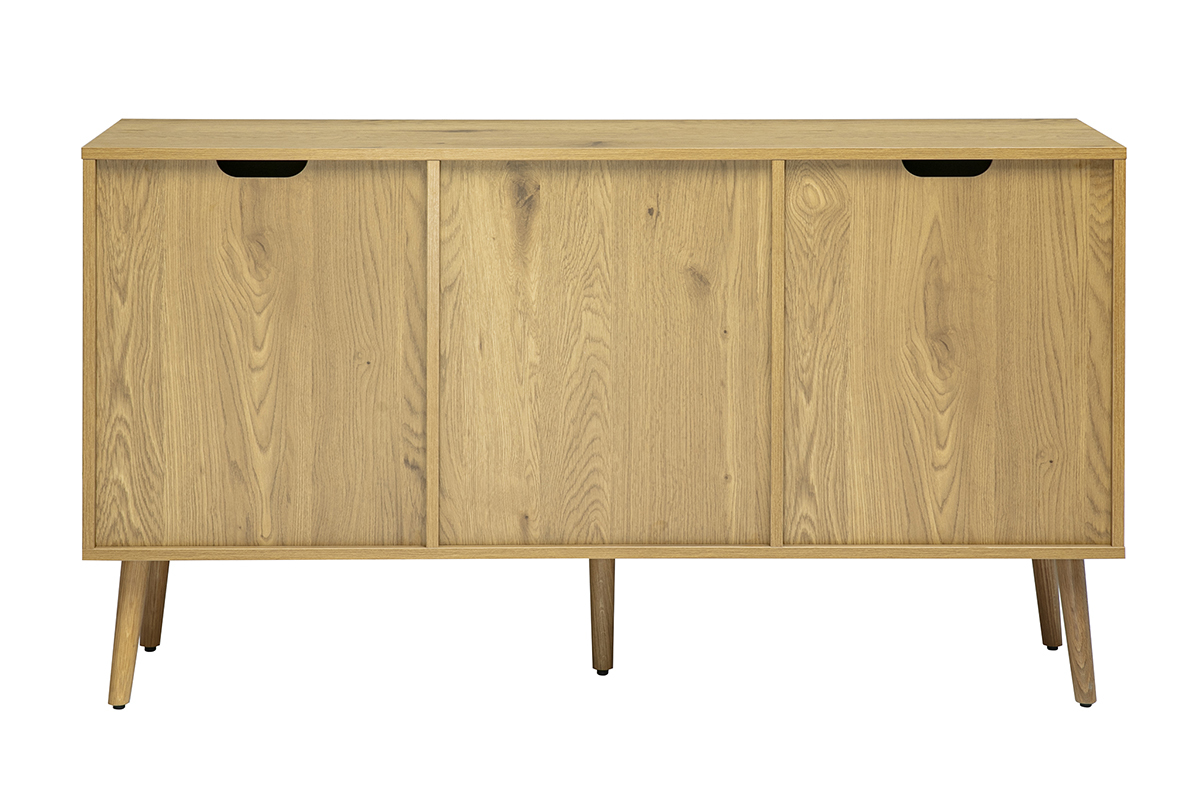 Buffet en bois clair avec cannage en rotin et m�tal noir, deux portes, trois tiroirs, vue de dos.