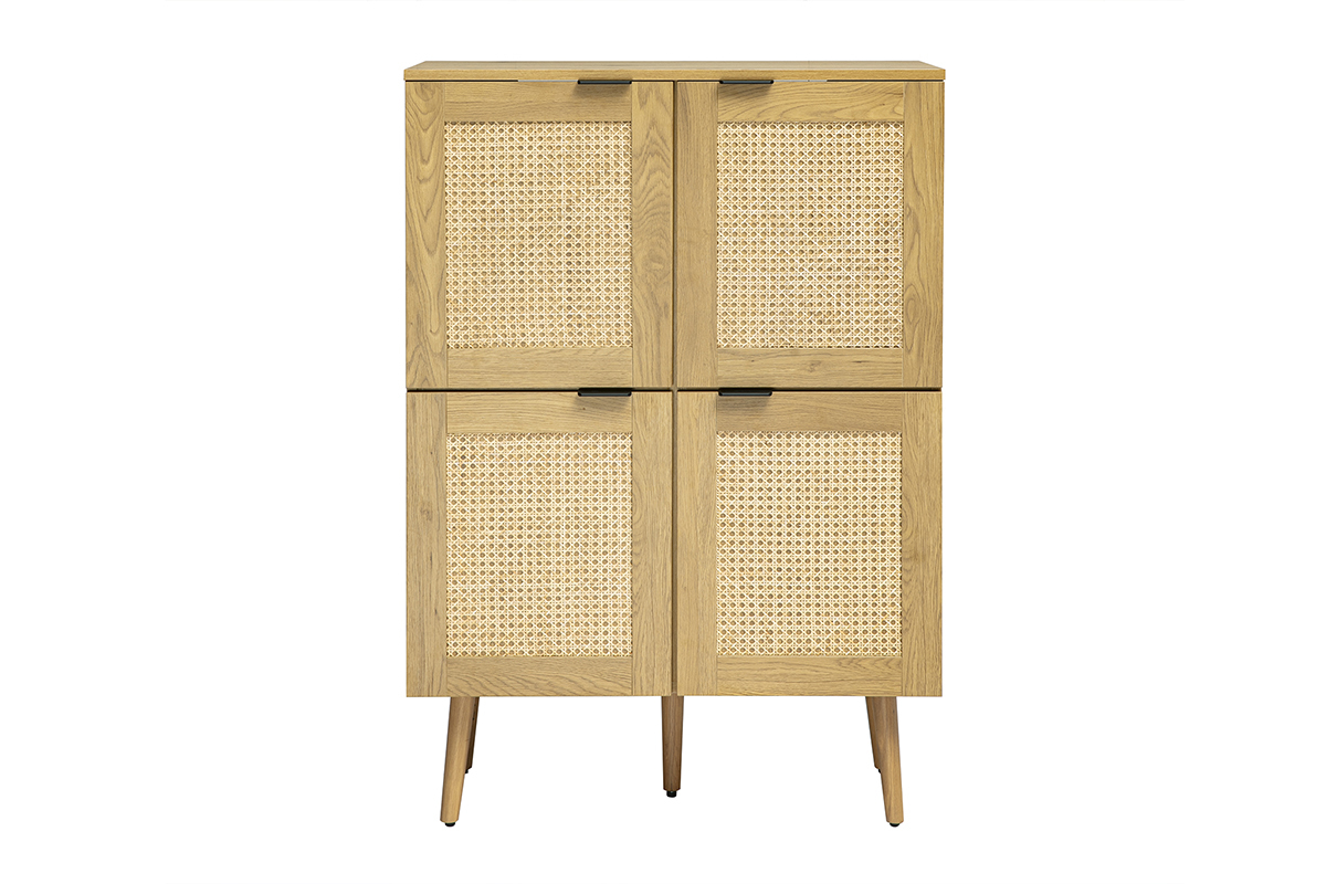Buffet en bois clair avec cannage en rotin, 4 portes, vue de face, dimensions L80 cm