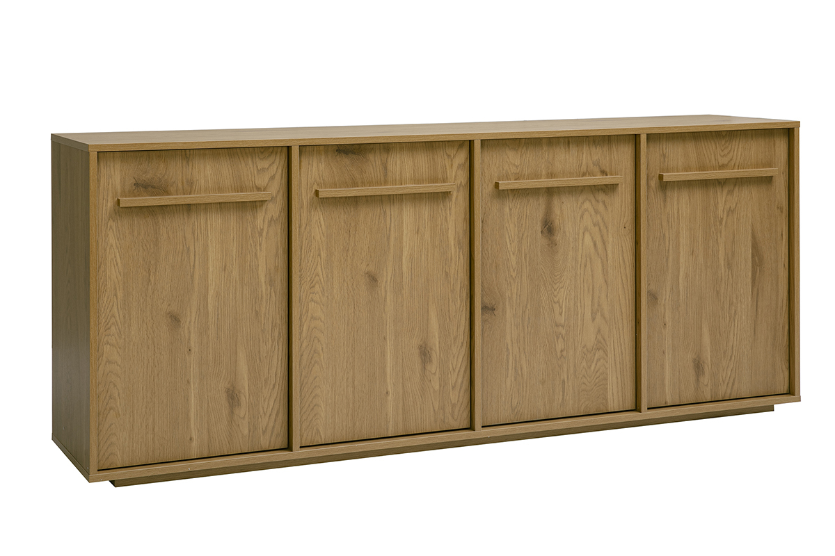 Buffet en bois clair ch�ne, 4 portes, vue de face, design minimaliste et �l�gant.