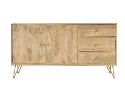Buffet grav&eacute; en bois manguier massif et m&eacute;tal dor&eacute; 2 portes 3 tiroirs L145 cm LINIUM