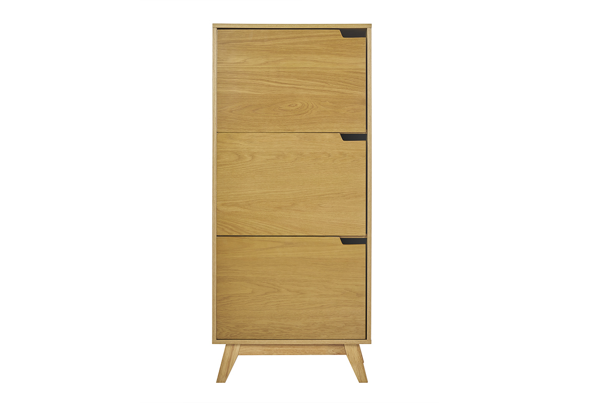 Buffet haut scandinave en bois clair h�v�a, mod�le LEENA, avec trois portes et poign�es int�gr�es, design �pur�.