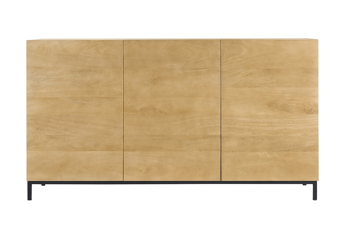 Buffet industriel en bois de manguier et m�tal noir, vue de face.
