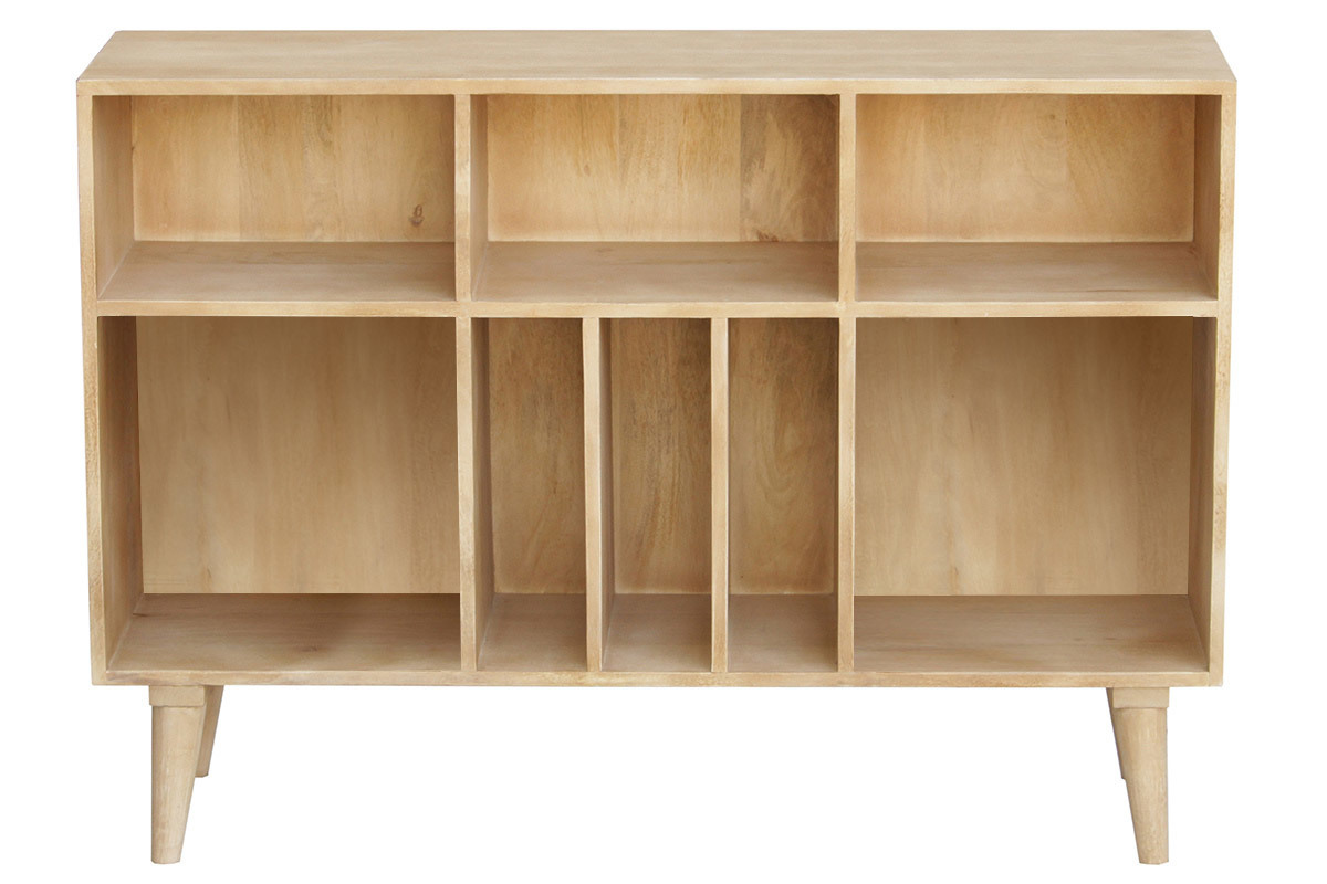 Buffet ouvert ISIDRO en bois manguier massif avec 8 casiers, vue de face.