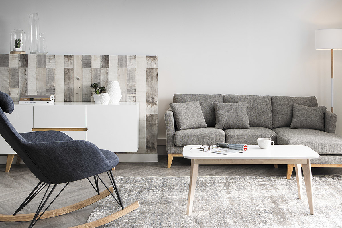 Buffet scandinave blanc laqu� brillant et finition bois clair 2 portes 2 tiroirs L160 cm MELKA