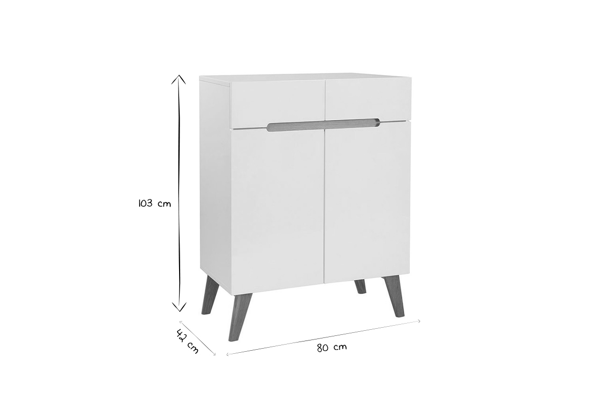 Buffet scandinave blanc laqu� brillant et finition bois clair 2 portes 2 tiroirs L80 cm MELKA