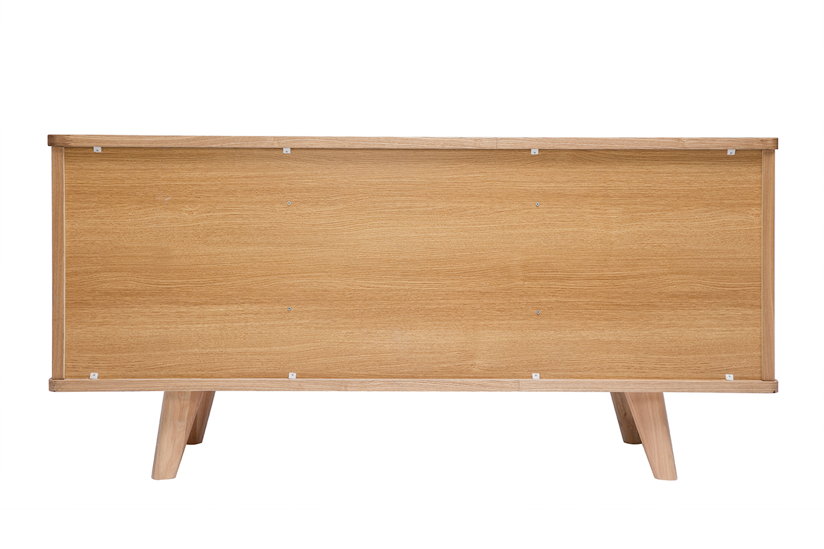 Buffet scandinave en bois clair, vue de dos avec pieds compas.