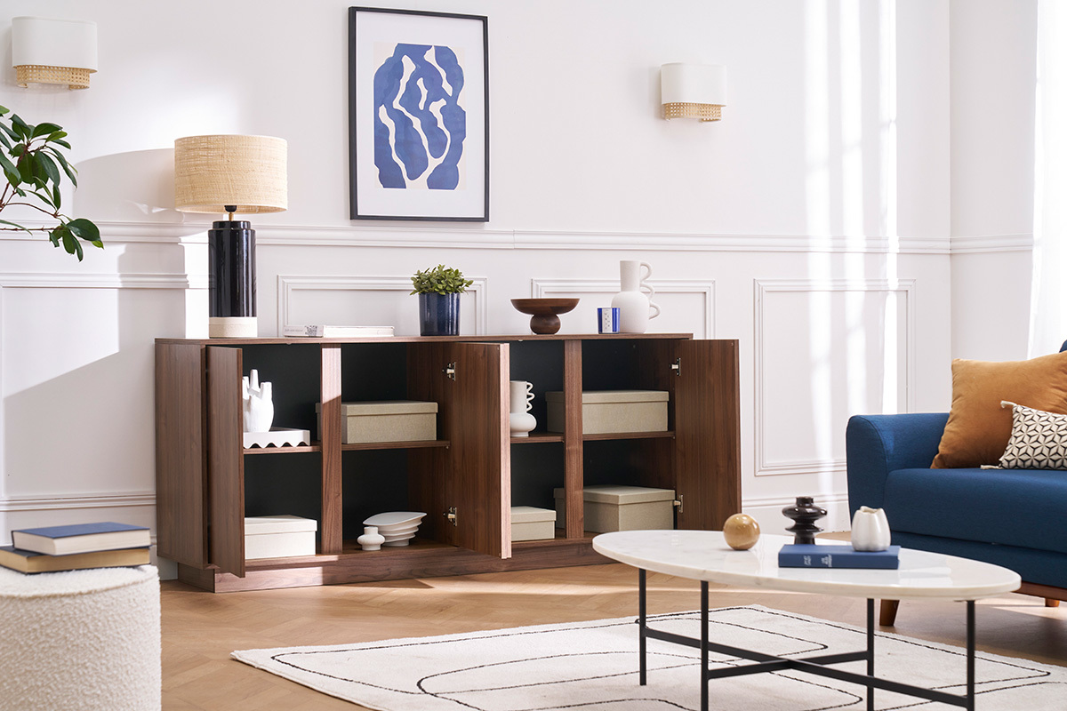 Buffet vintage finition bois fonc� noyer 4 portes L180 cm COMO