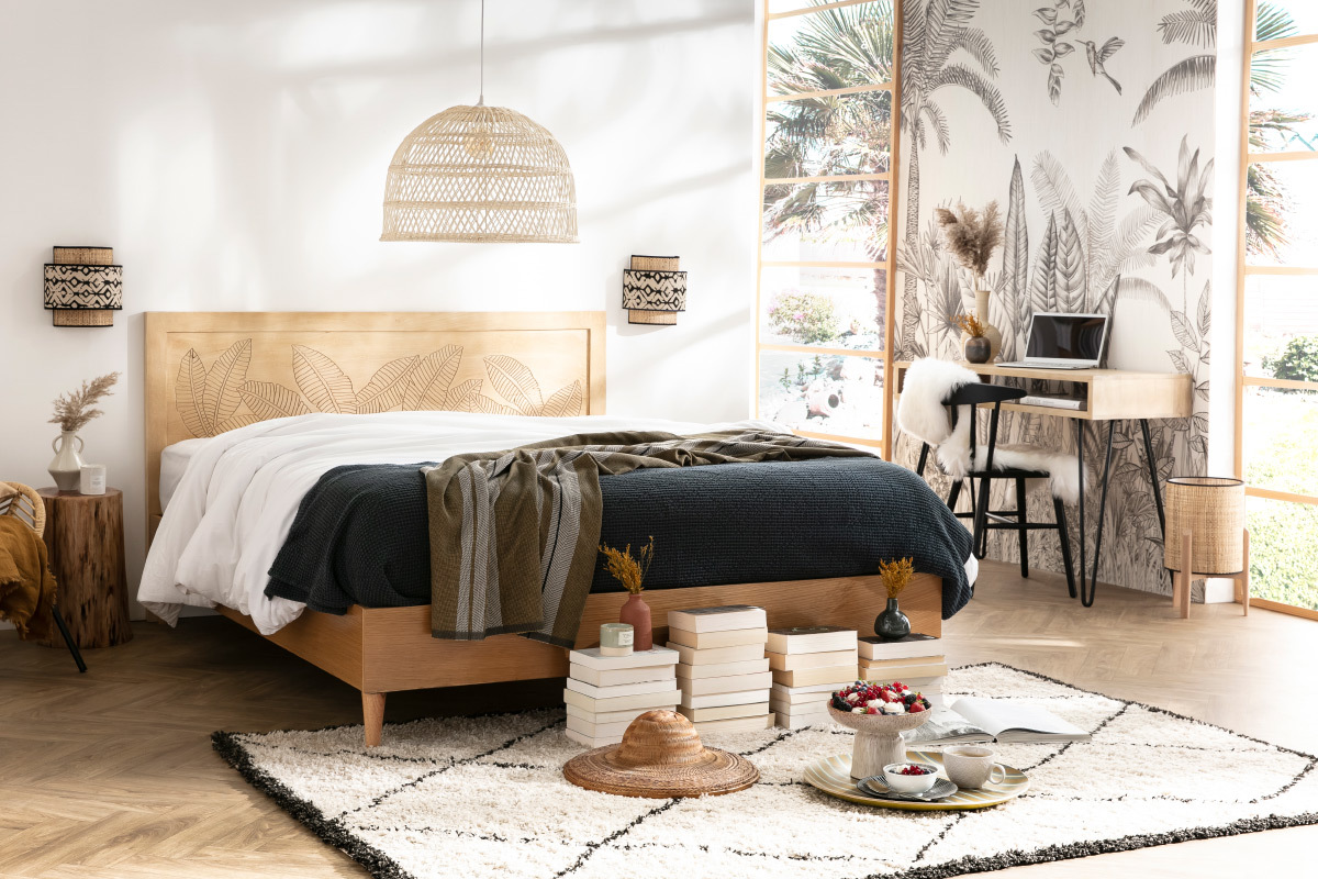 Bureau avec rangement en bois manguier massif et m�tal noir L116 cm VIBES