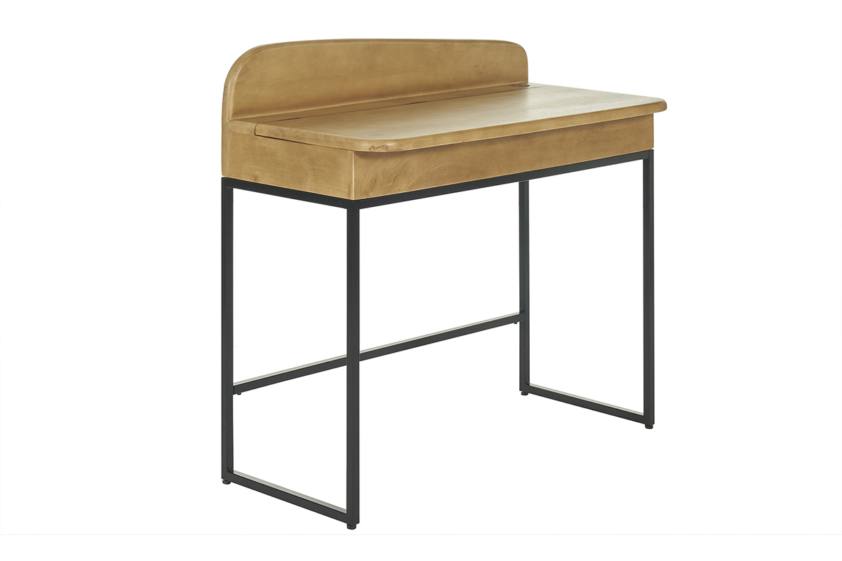 Bureau SHIVA en bois manguier et m�tal noir, vue d'angle, avec rangement.