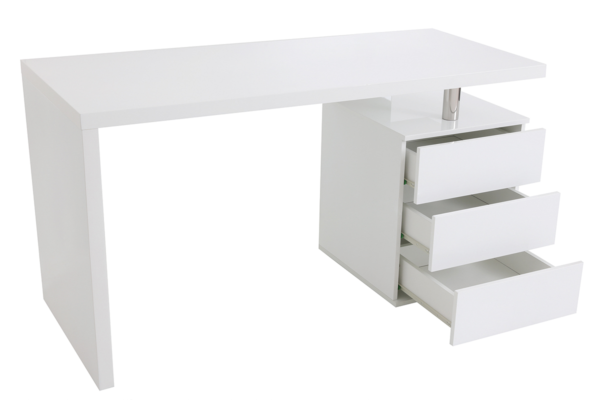 Bureau blanc laqu� avec 3 tiroirs ouverts, design moderne, vue de 3/4.