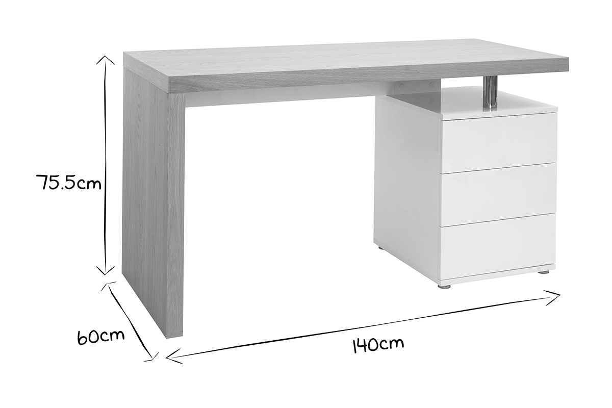 Bureau en bois ch�ne avec 3 tiroirs, dimensions 140x60x75,5 cm, en noir et blanc.