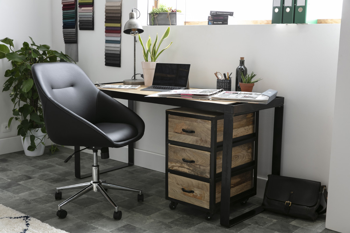 Bureau industriel bois manguier massif et m�tal noir L153 cm INDUSTRIA