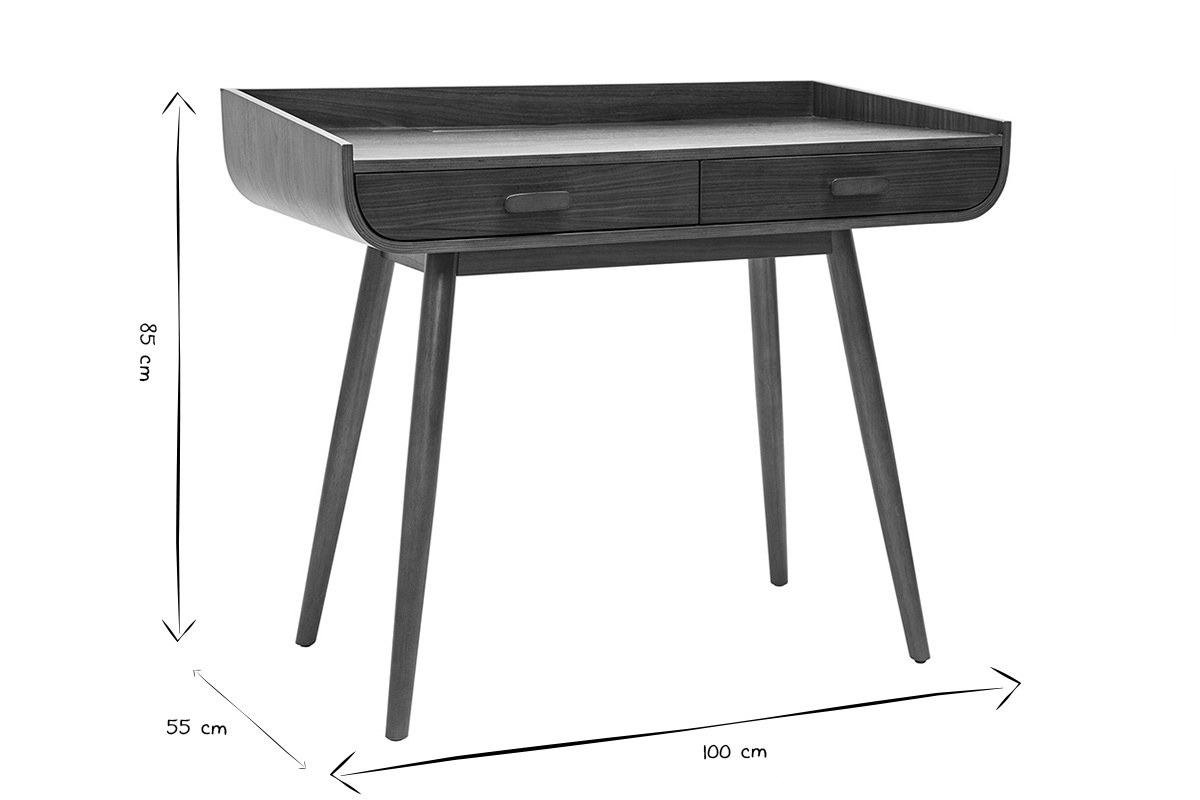 Bureau scandinave bois fonc� avec rangements 2 tiroirs, dimensions en noir et blanc