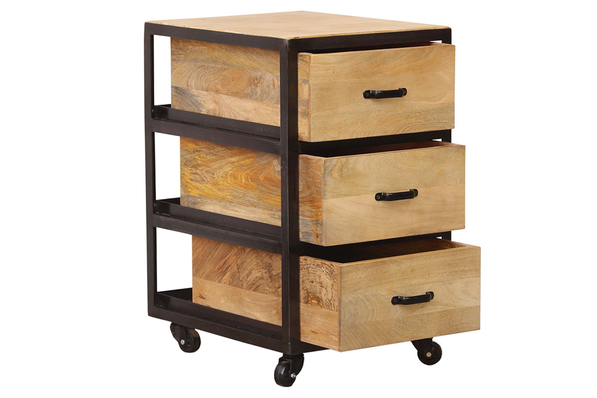 Caisson de bureau � roulettes 3 tiroirs industriel bois massif et m�tal noir INDUSTRIA