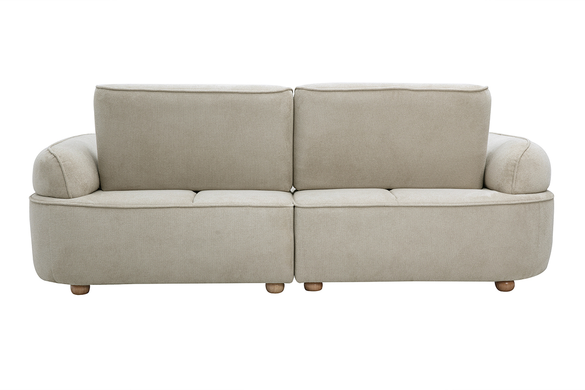 Canap� 3 places �lectrique en tissu chenille beige, vue de dos avec accoudoirs arrondis.