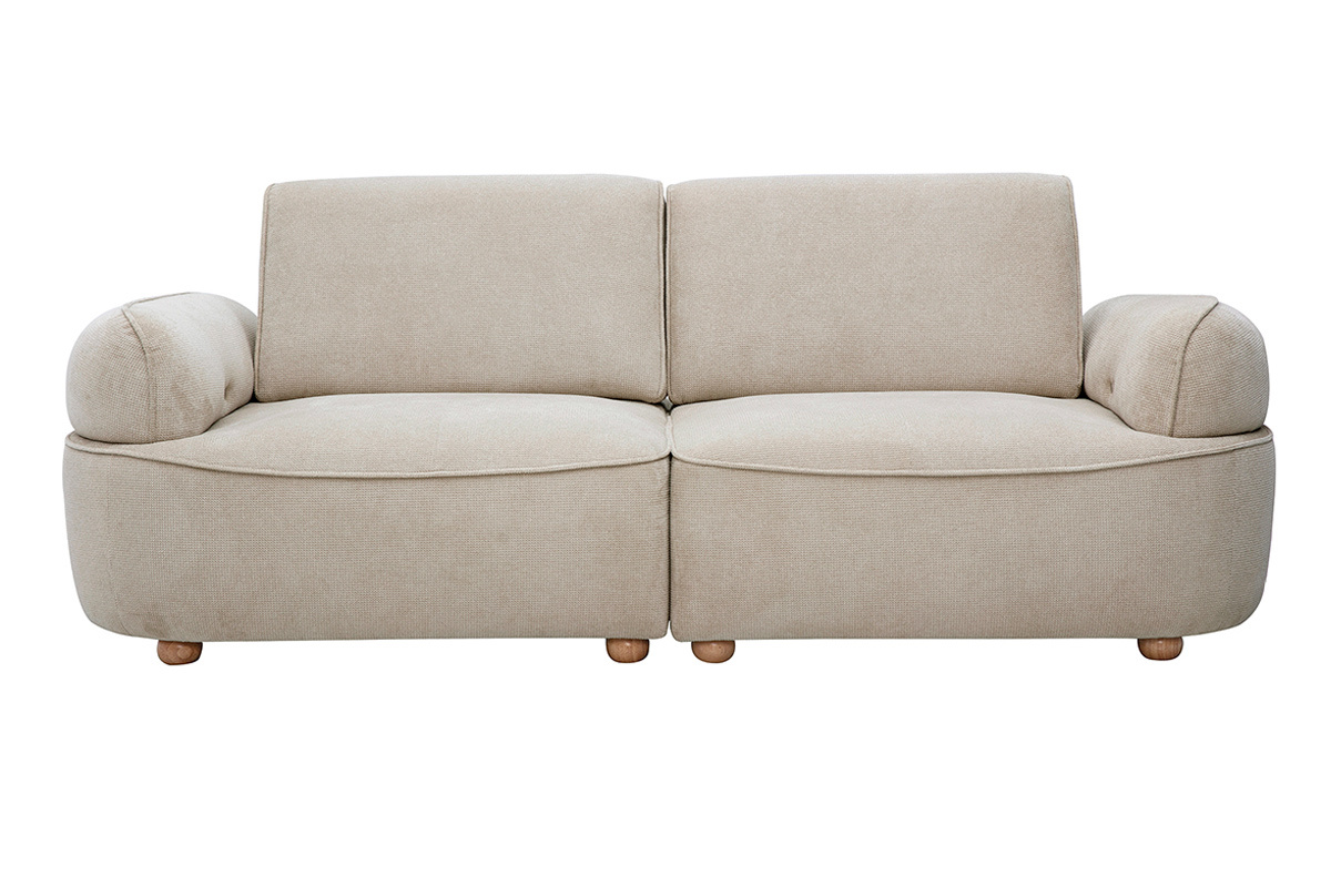 Canap� 3 places �lectrique OTIS en tissu chenille beige, vue de face, avec accoudoirs arrondis.