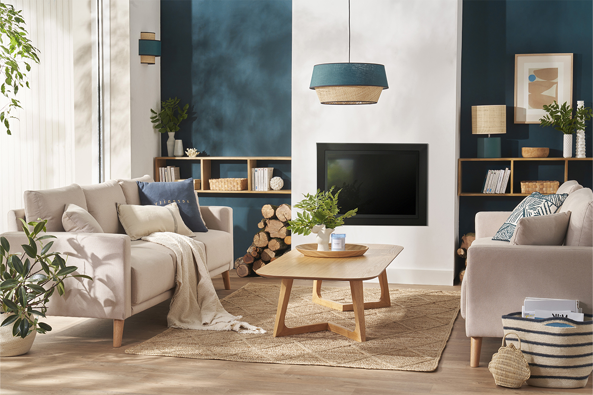 Canap� 3 places en tissu beige et bois clair MUNIK
