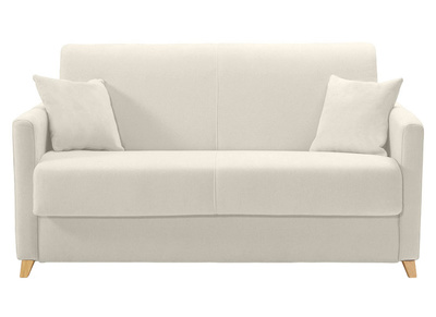 Canap&eacute; convertible 2-3 places en tissu beige et bois clair avec matelas 13 cm SKANDY