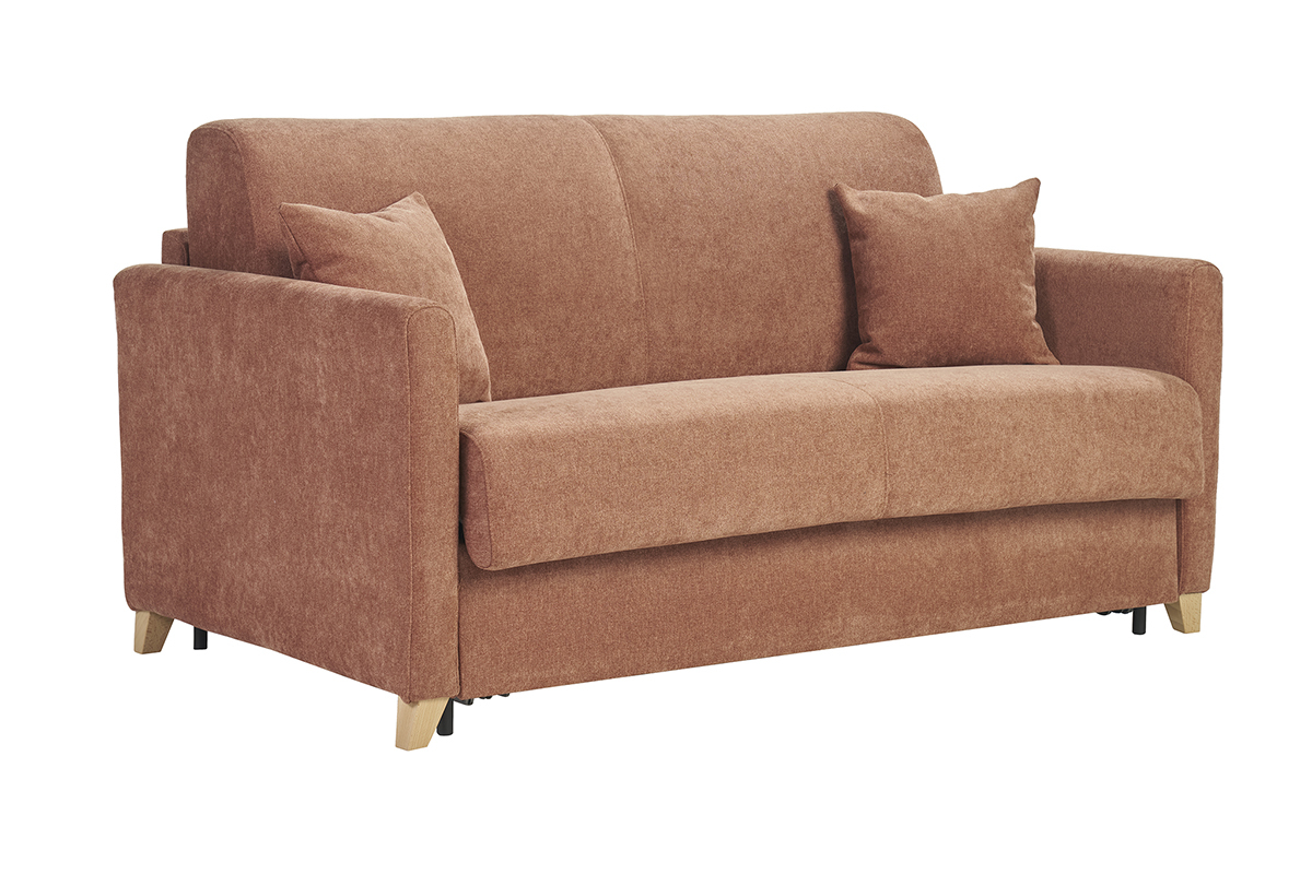 Canap� convertible en tissu effet velours terre br�l�e, vue de 3/4.