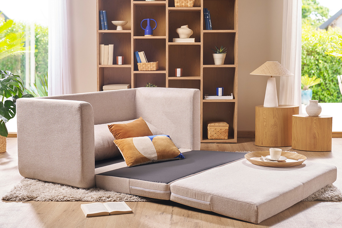 Canap� convertible 2 places en tissu vert de gris LEON