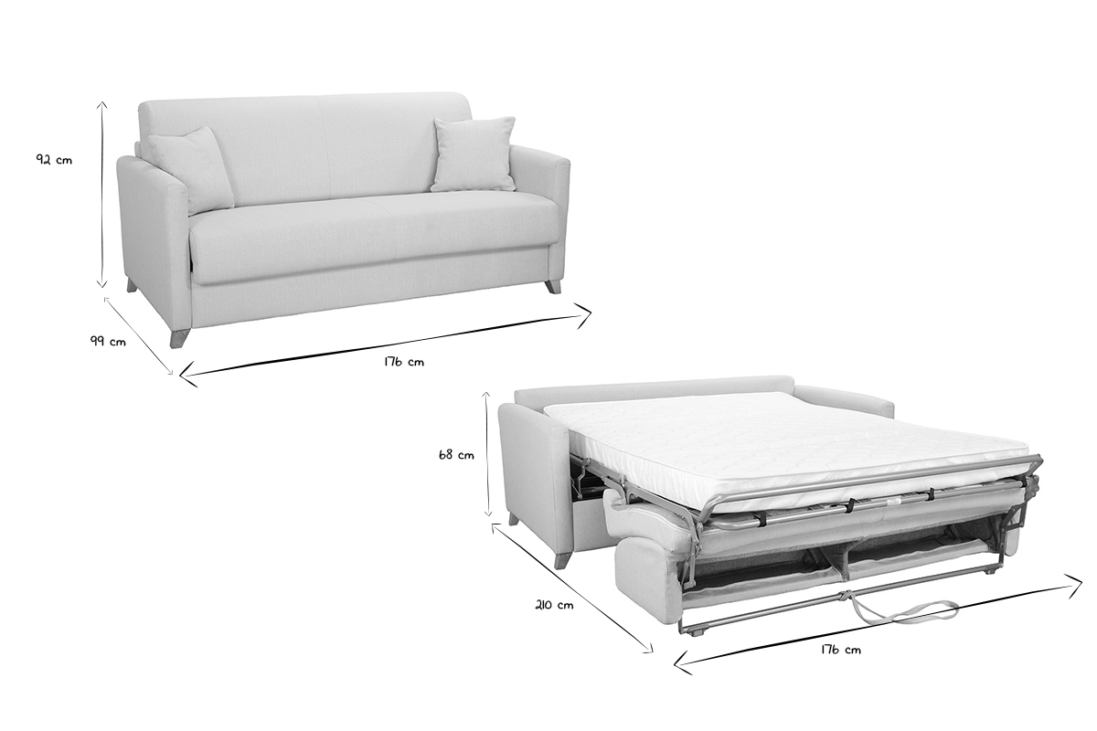 Canap� convertible 3 places en tissu beige et bois clair avec matelas 13 cm SKANDY