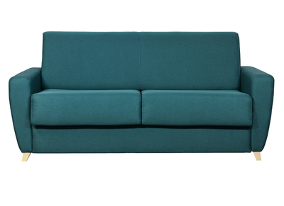 Canap&eacute; convertible 3 places en tissu bleu canard et bois clair avec matelas 18 cm GRAHAM